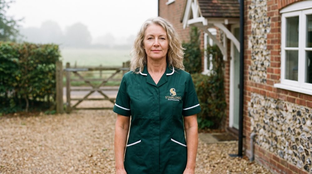 A Starling Homecare carer arriving on the garden path of a brick and flint village cottage near Welwyn on an autumn morning