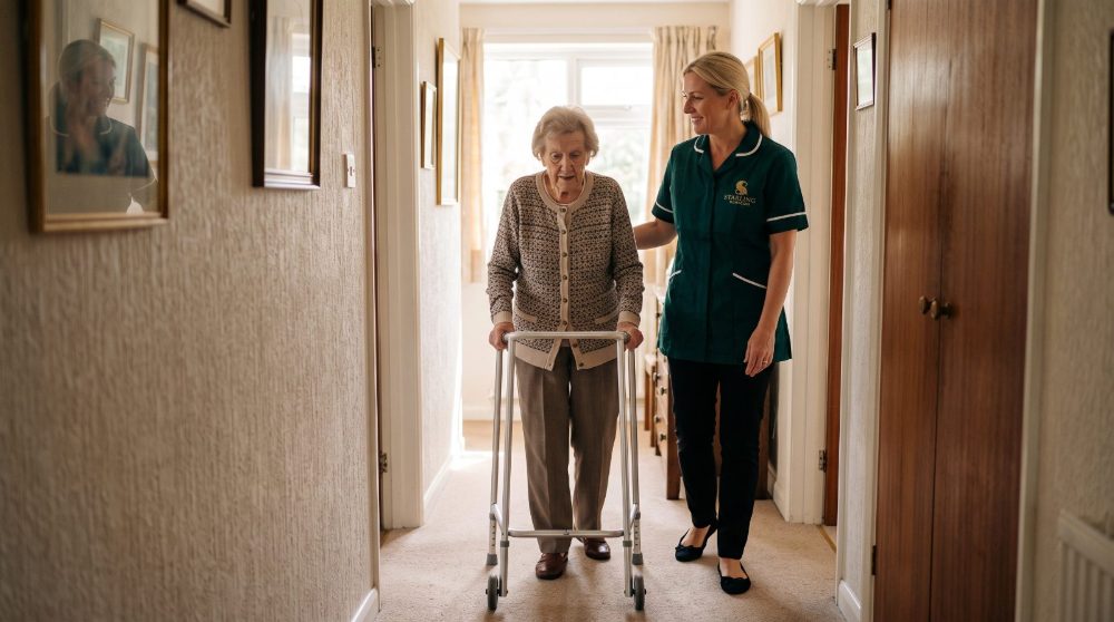home-care-tring-hertfordshire-starling-homecare A Starling Homecare carer giving home care in Tring, steadying an older woman as she walks with a walking frame along a sunlit hallway at home.