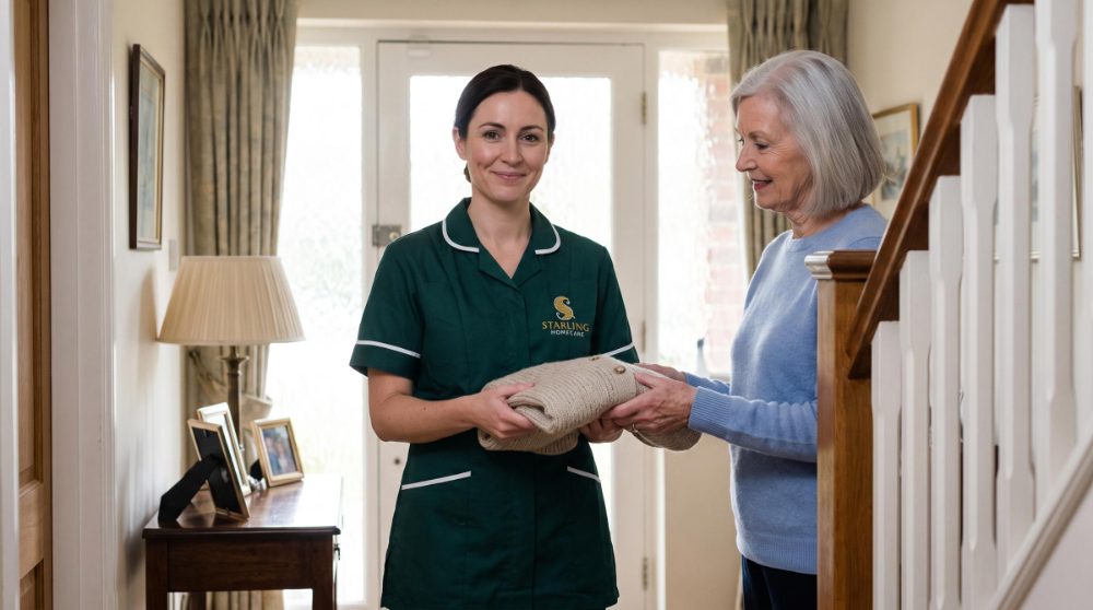 Starling Homecare carer in the hallway of a village house providing home care Welwyn village and Digswell