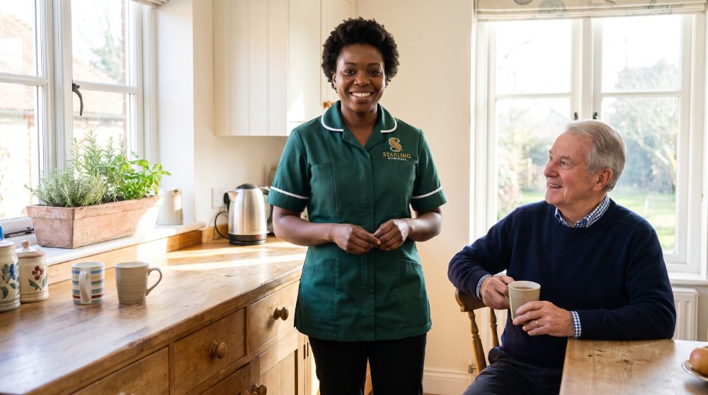 A Starling Homecare carer in a Hertfordshire kitchen with an older man having his tea, the kind of visit that answers how much is Carer's Allowance worth to a family carer