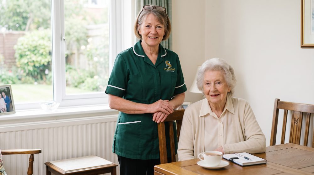 A Starling Homecare carer with an older woman at her dining table, the regular care at home that a working family plans around when working out how to take carer's leave