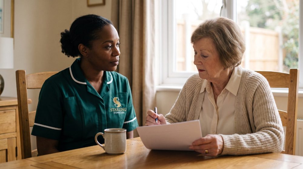 An older woman going through a form at her dining table with a Starling Homecare carer, asking is Attendance Allowance means tested