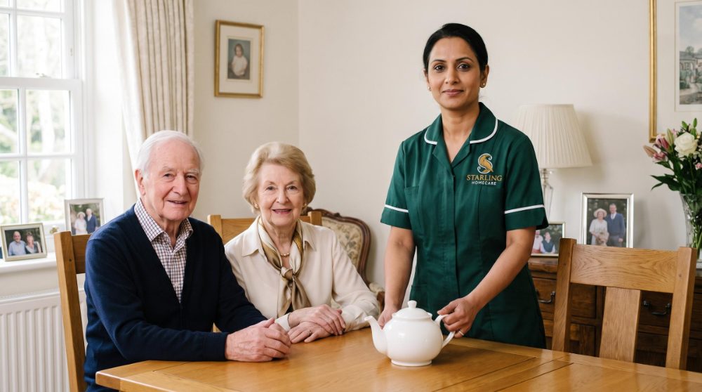 live-in-care-for-couples-harpenden-hertfordshire A live-in carer bringing tea to an older couple at their dining table, part of Starling Homecare's live-in care for couples in Harpenden
