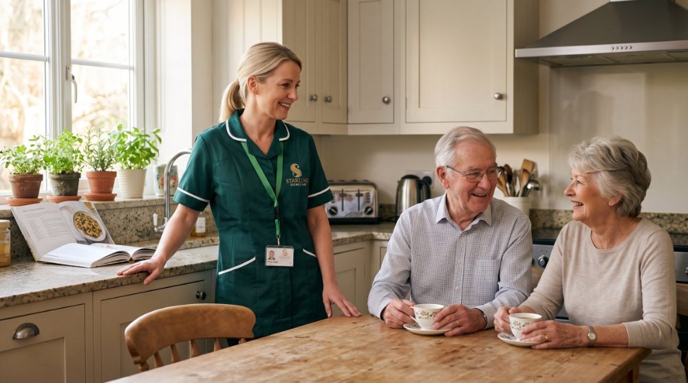 live-in-care-for-couples-st-albans-starling-homecare A Starling Homecare live-in carer sharing a warm moment with an older married couple at their kitchen table in St Albans