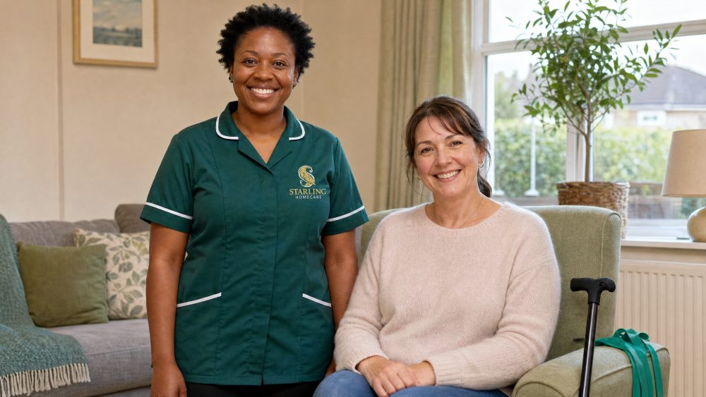 Live-in care for FND: a Starling Homecare carer at home with a woman relaxing in her living room