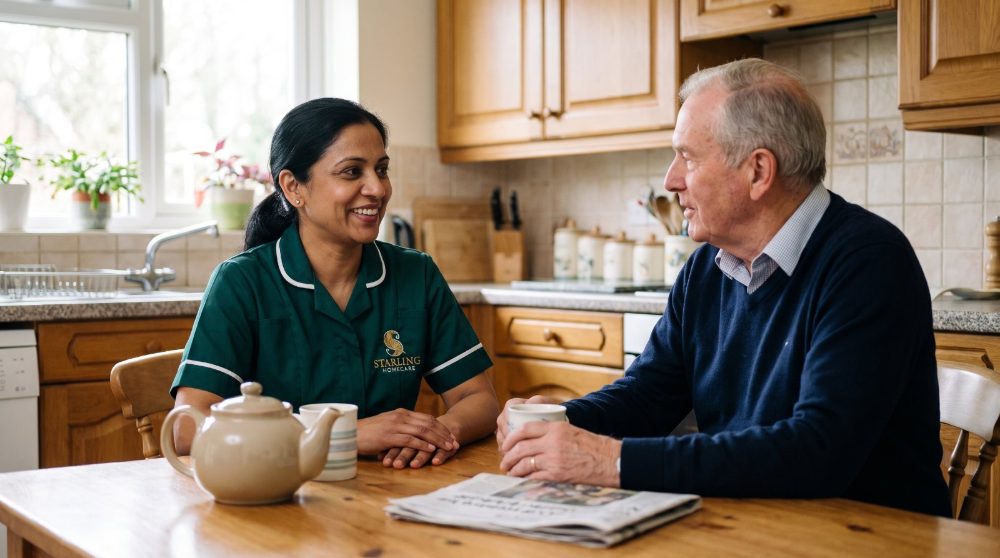A Starling Homecare live-in carer and an older man talking over tea at the kitchen table, live-in care in Hatfield