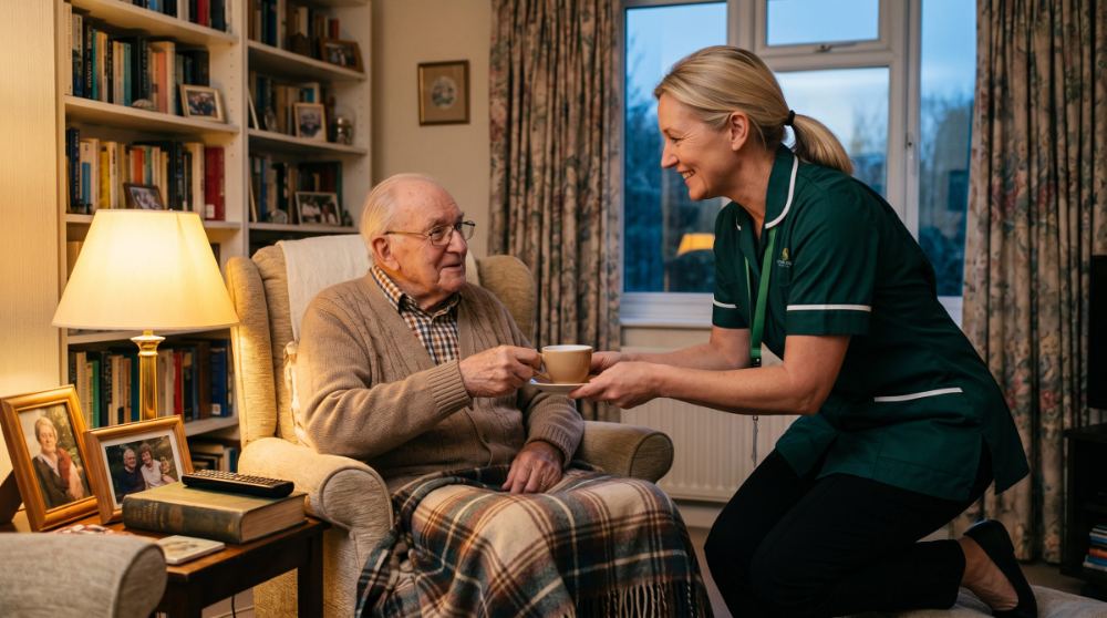 A Starling Homecare live-in carer bringing a cup of tea to an older gentleman settled in his armchair in the evening, live-in care in Hertfordshire