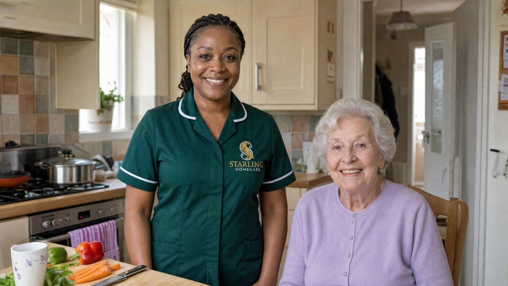 Live-in care or visiting care: a Starling Homecare carer in the kitchen with an older woman at the table