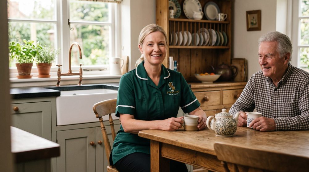 Live-in care in Potters Bar: a live-in carer and an older man at the kitchen table over a pot of tea, Starling Homecare