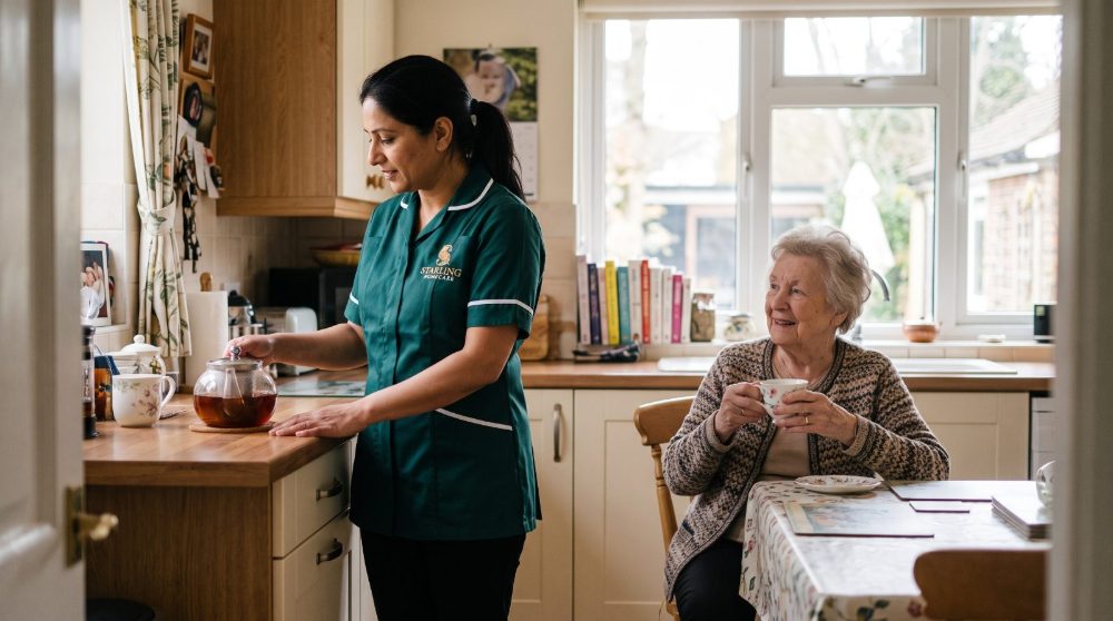 A Starling Homecare live-in carer making a pot of tea in the kitchen while an older woman sits at the table at home in Radlett