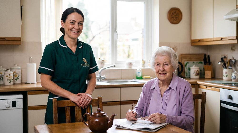 A Starling Homecare live-in carer in the kitchen of a Marshalswick family home with an older woman at the table, live-in care in Sandridge, Marshalswick and Jersey Farm