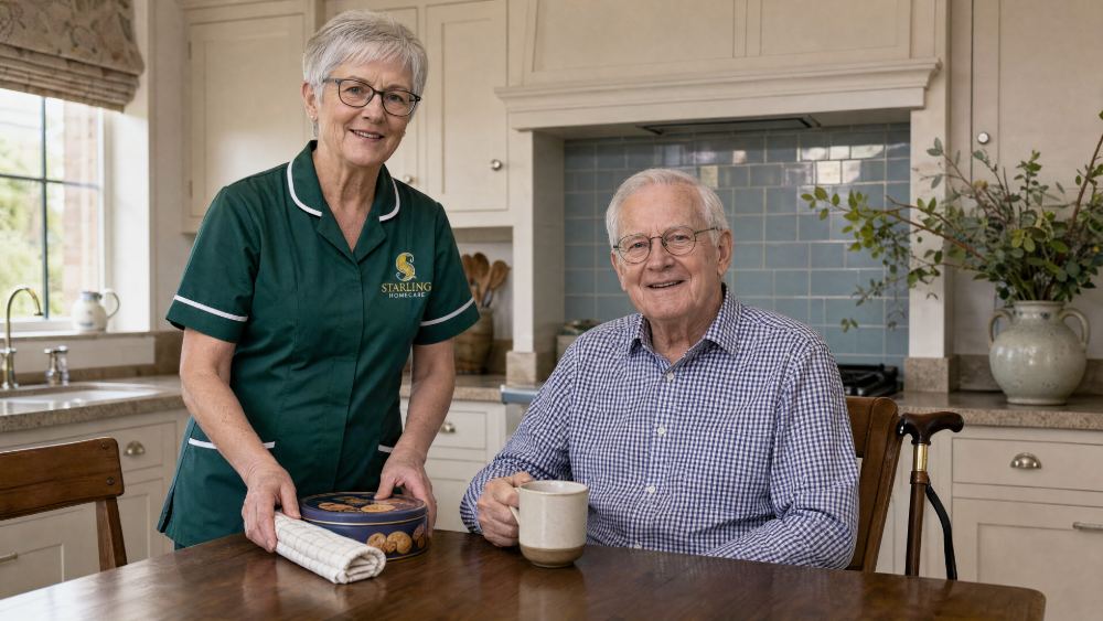 Carer and an older man at his kitchen table, an example of care for someone living alone after a stroke