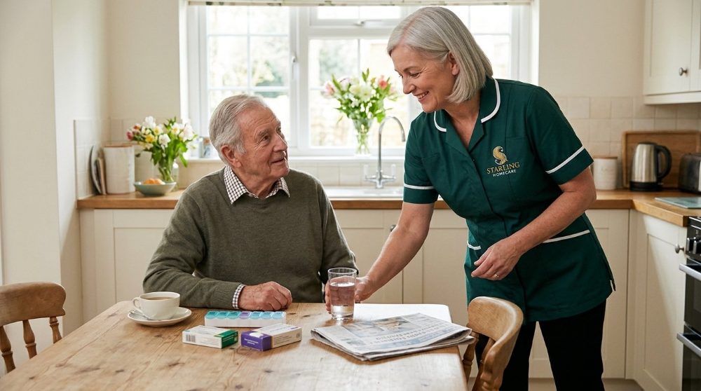 A Starling Homecare carer providing medication support at home in Hitchin, setting a glass of water beside an older man at his kitchen table.