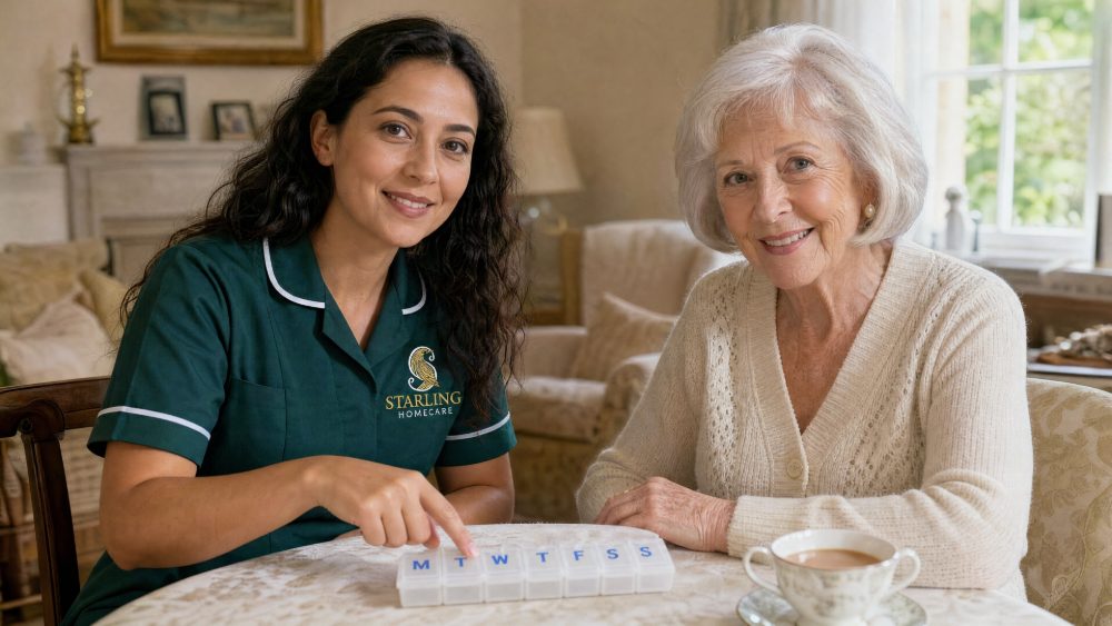 medication support at home tring Carer from our Tring team going through a weekly pill organiser with an older woman at home, an example of medication support at home in Tring