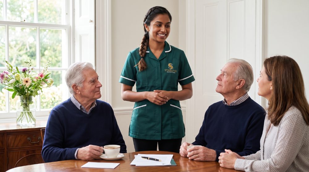 Starling Homecare carer with an older man and his family at a dining table discussing NHS Continuing Healthcare fast track funding at home