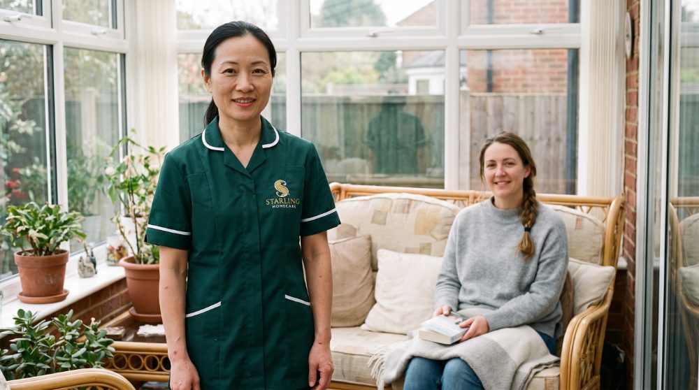 A Starling Homecare carer in a bright conservatory with a young woman resting on a cane sofa, care at home in Hertfordshire for someone with non-epileptic seizures