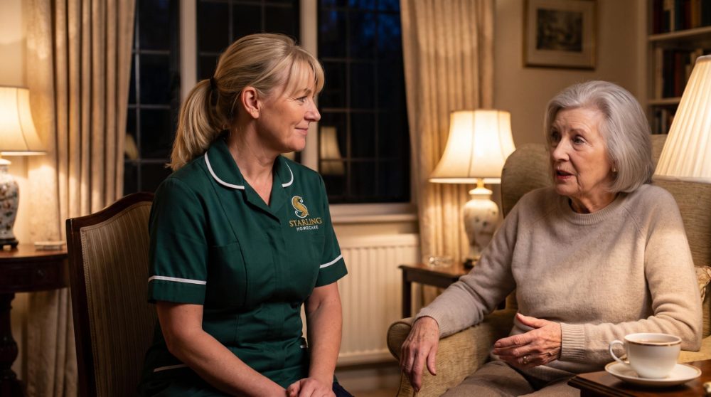 overnight-care-harpenden-starling-homecare A Starling Homecare carer sitting and listening to an older woman in her lamp-lit sitting room in the evening, during overnight care in Harpenden.