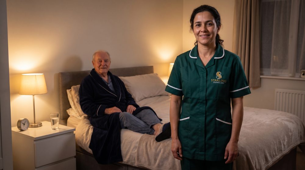 A Starling Homecare overnight carer in a lamp-lit bedroom with an older man settled on the edge of his bed, overnight care in Hatfield after a hospital stay