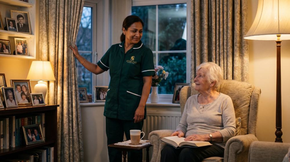 overnight-care-hitchin-hertfordshire A Starling Homecare carer drawing the curtains for the evening while an older woman reads in her armchair during an overnight care visit in Hitchin.