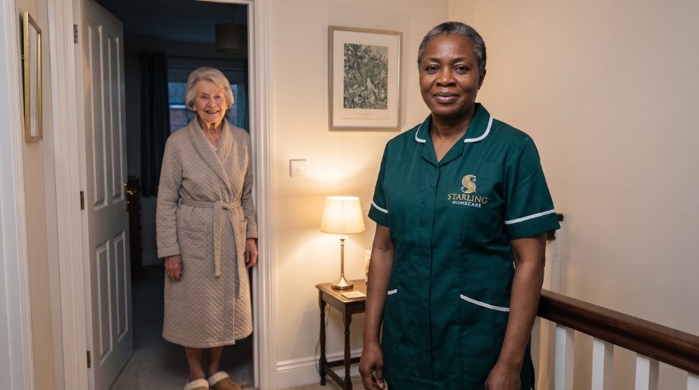 Overnight care in Hertford: a Starling Homecare carer on the landing in the evening with an older woman