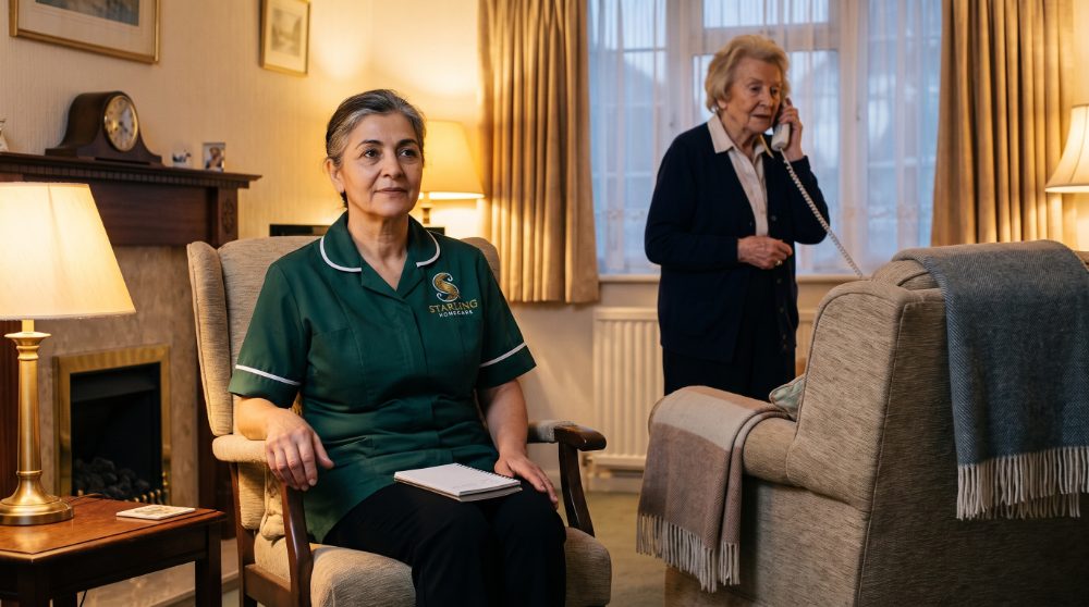 A Starling Homecare night carer settled in a lamp-lit Potters Bar sitting room while the client says goodnight by telephone