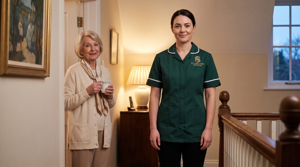 Starling Homecare carer on a lamp-lit landing in the evening with an older woman holding a hot drink, overnight care in Radlett