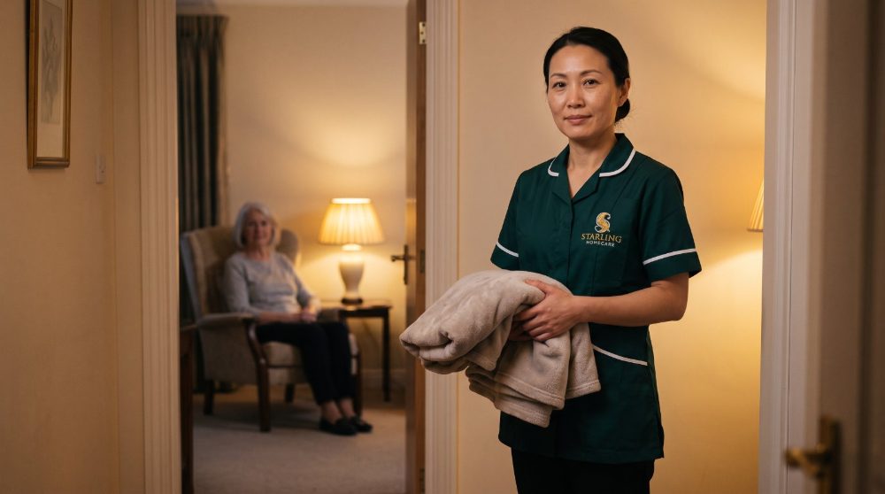 overnight-care-welwyn-garden-city-hertfordshire-v2-1 A Starling Homecare carer settling a lamp-lit hallway for the night, with the older woman she supports seated calmly in the sitting room beyond, overnight care in Welwyn Garden City.