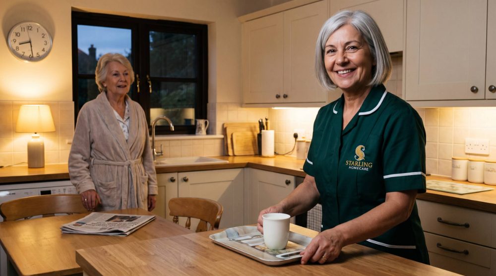 Starling Homecare carer settling an older woman with a hot drink in a village kitchen in the evening, Welwyn, Hertfordshire