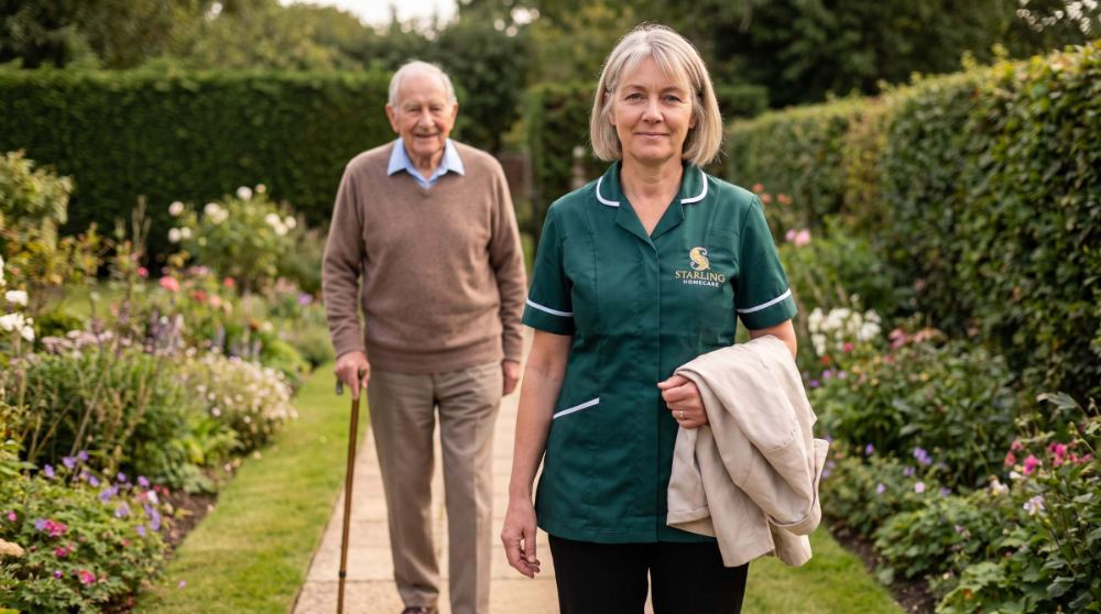 parkinsons-care-at-home-hertfordshire-starling-homecare-1 Starling Homecare carer walking in the garden beside a gentleman using a stick, Parkinson's care at home in Hertfordshire