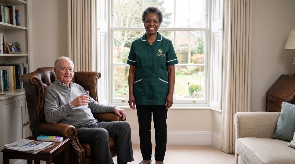 A Starling Homecare carer standing beside an older man in his armchair with a glass of water and his weekly medication on the side table, part of Parkinson's support in Hertfordshire
