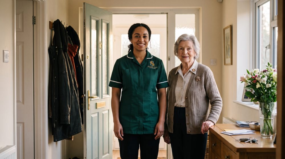 A Starling Homecare carer arriving for a morning visit in the hallway of a Harpenden home with an older woman ready for her day, personal care in Harpenden for a working family