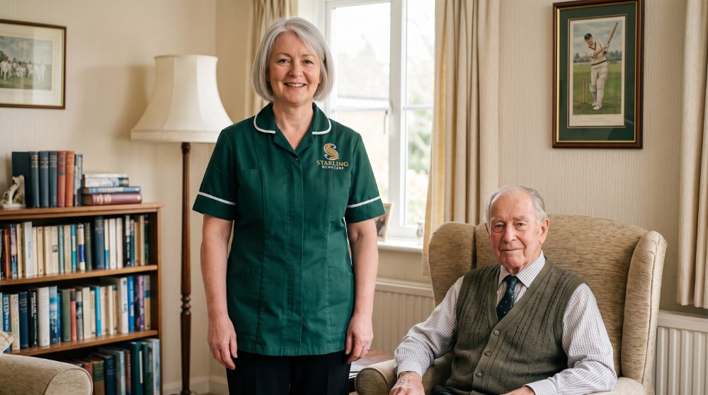 A Starling Homecare carer standing beside an older man in his armchair in Boxmoor, personal care in Hemel Hempstead arranged on his terms