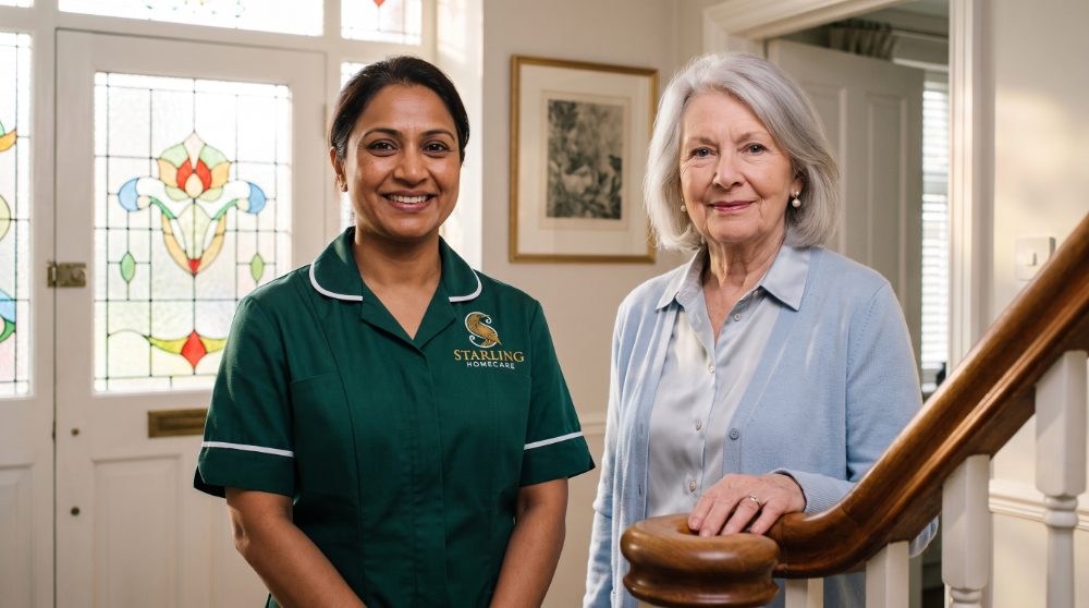 A Starling Homecare carer with an older woman in the hallway of her home, personal care in Hitchin arranged around the couple who live there