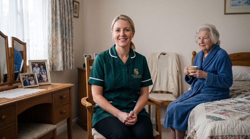 personal-care-potters-bar-hertfordshire-1000 A Starling Homecare carer seated in a bedroom, ready for a morning visit providing personal care in Potters Bar