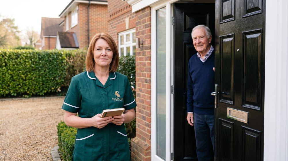 A Starling Homecare carer arriving for a morning personal care visit at a house in Radlett, welcomed at the front door