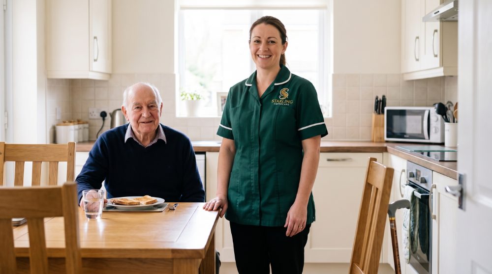 Post-operative care in Hemel Hempstead: a Starling Homecare carer in the kitchen with an older man recovering at home
