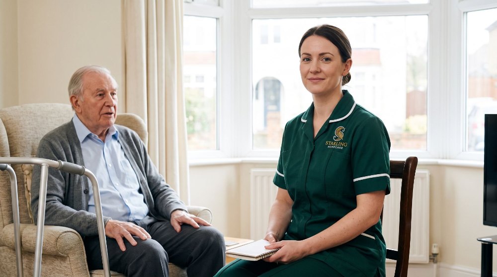 post-operative-care-st-albans-hertfordshire-1000 A Starling Homecare carer planning post-operative care in St Albans with an older man at home, his walking frame beside his chair