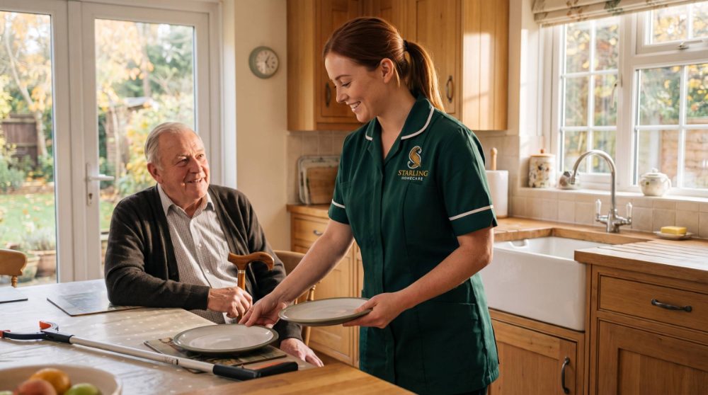 Starling Homecare carer bringing a meal to an older man recovering at home after planned surgery in Welwyn Garden City