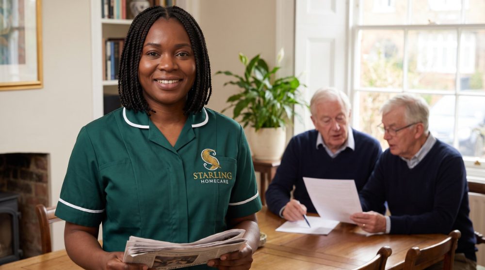 Starling Homecare carer in a Harpenden dining room while an older couple look through paperwork together