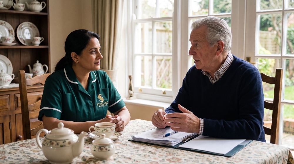 power-of-attorney-for-dementia-tring-hertfordshire-1000 A Starling Homecare carer talking through power of attorney for dementia in Tring with an older man at his dining table