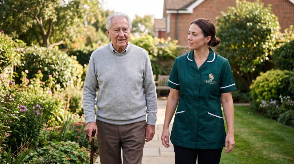 preventing-falls-at-home-hertfordshire A Starling Homecare carer walking beside an older man in his garden, part of preventing falls at home in Hertfordshire