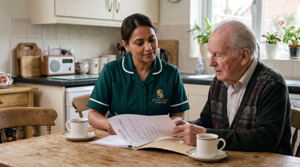 private-carer-hitchin-starling-homecare A Starling Homecare carer going through a care plan with an older man at his kitchen table, helping his family weigh up a private carer in Hitchin against a regulated team