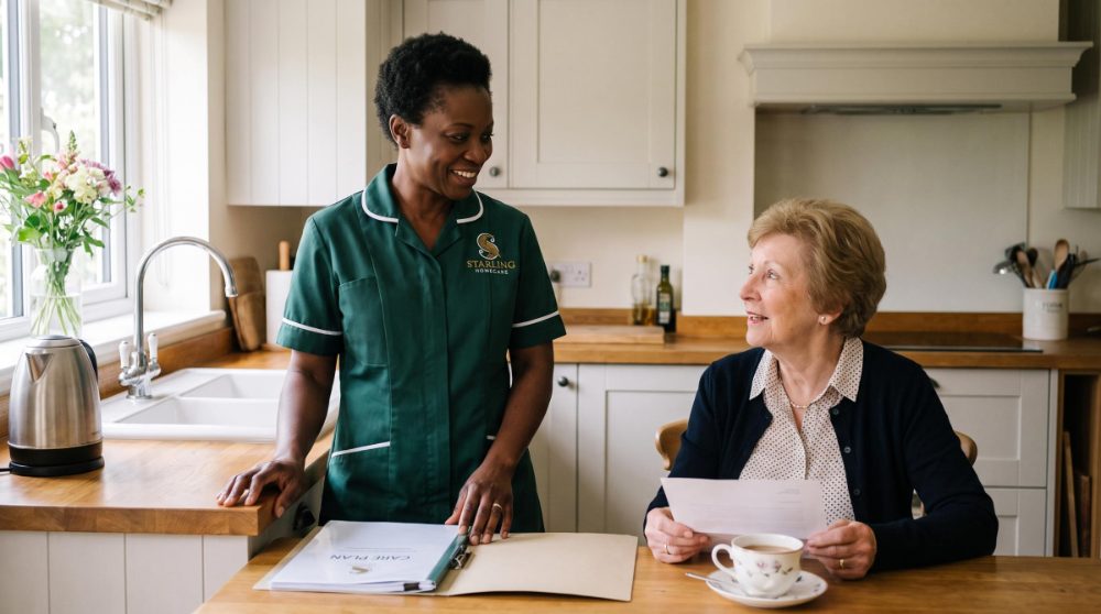 A Starling Homecare carer talking with an older woman at her kitchen table during a home care visit, illustrating hiring a private carer in Welwyn Garden City.