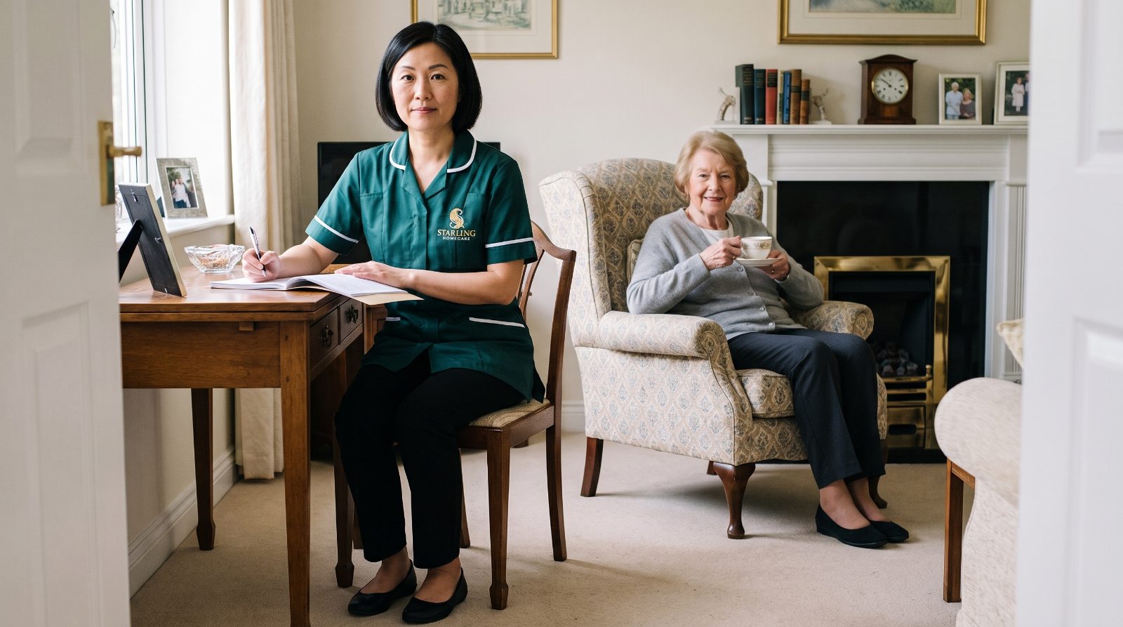 Reliable home care in Welwyn Garden City: a carer writing up the visit record while an older woman sits with her tea, Starling Homecare