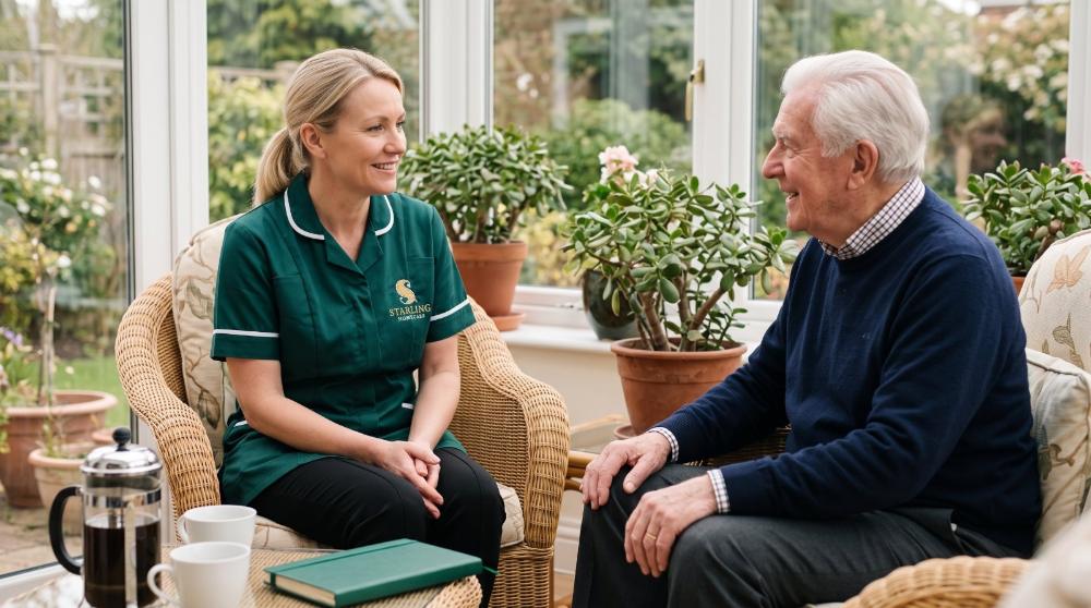 respite-care-hertford A Starling Homecare carer chatting with an older gentleman in his conservatory during a respite care visit at home in Hertford