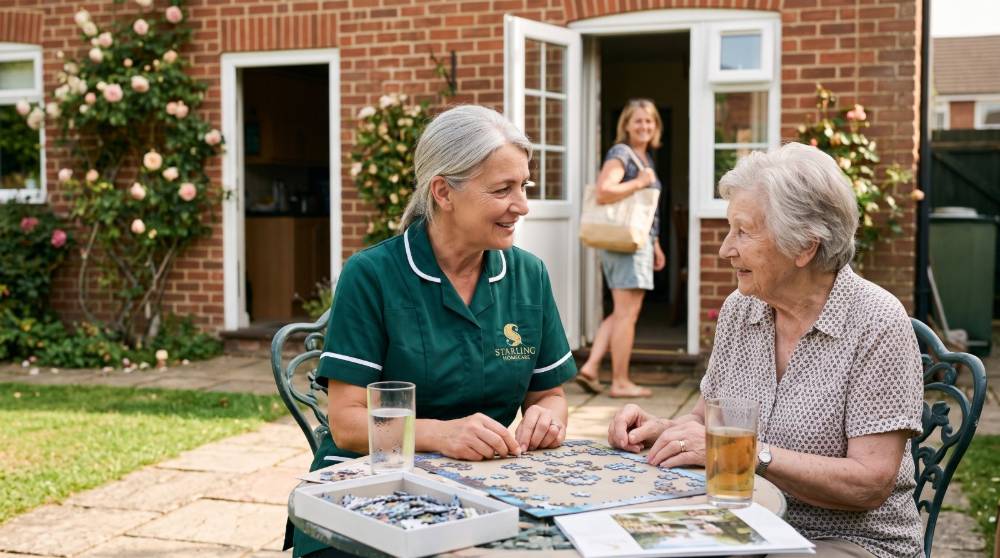 respite-care-hitchin-hertfordshire-1 A Starling Homecare carer providing respite care in Hitchin, sharing cold drinks and a jigsaw at the garden table with an older woman as her daughter heads out
