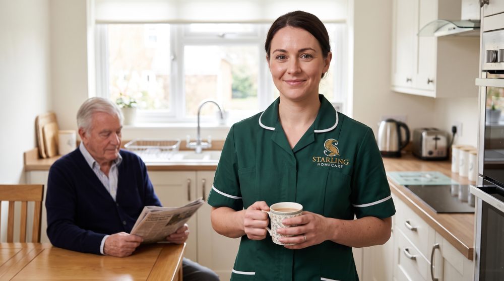 A Starling Homecare carer with a cup of tea in a Potters Bar kitchen while an older gentleman reads his paper, respite care in Potters Bar