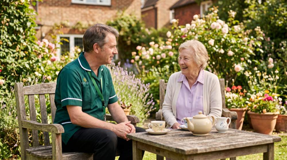 respite-care-tring-garden-tea-v3 A Starling Homecare carer and an older woman enjoying tea together on a garden bench during a respite care visit at home in Tring