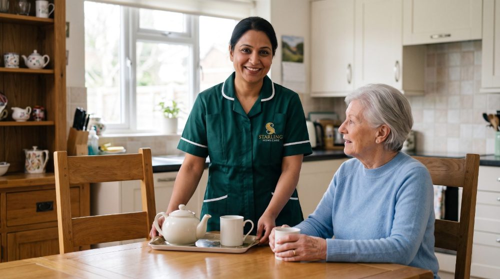 respite-care-welwyn-garden-city-hatfield-starling-homecare A Starling Homecare carer setting down tea at the kitchen table with an older woman during respite care in Welwyn Garden City.