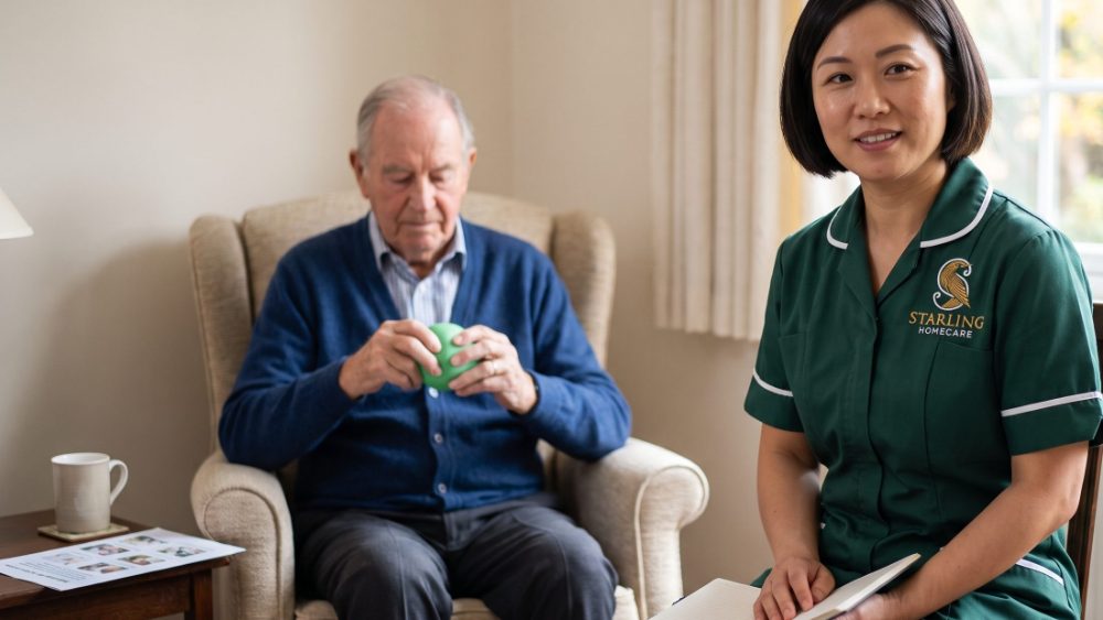 stroke-recovery-at-home-hertfordshire-carer-and-client-starling-homecare Starling Homecare carer sitting with an older man as he works through a hand exercise at home in Hertfordshire